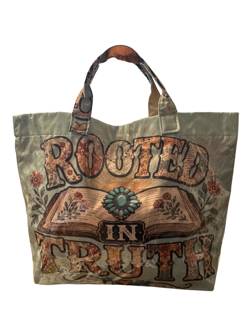 Trendy boutique Rooted in Truth Floral Tote - Sage Green & Brown